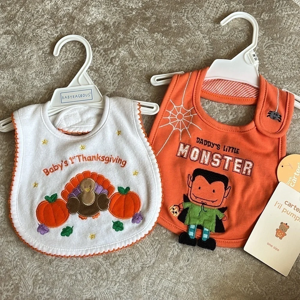 Brand New Set of 2 Cloth Baby Bibs Orange Halloween Thanksgiving Turkey Pumpkin